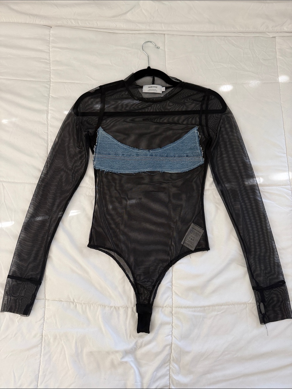 Sami Miro Vintage Sheer Black Long-Sleeve Mesh Bodysuit with Denim Accent